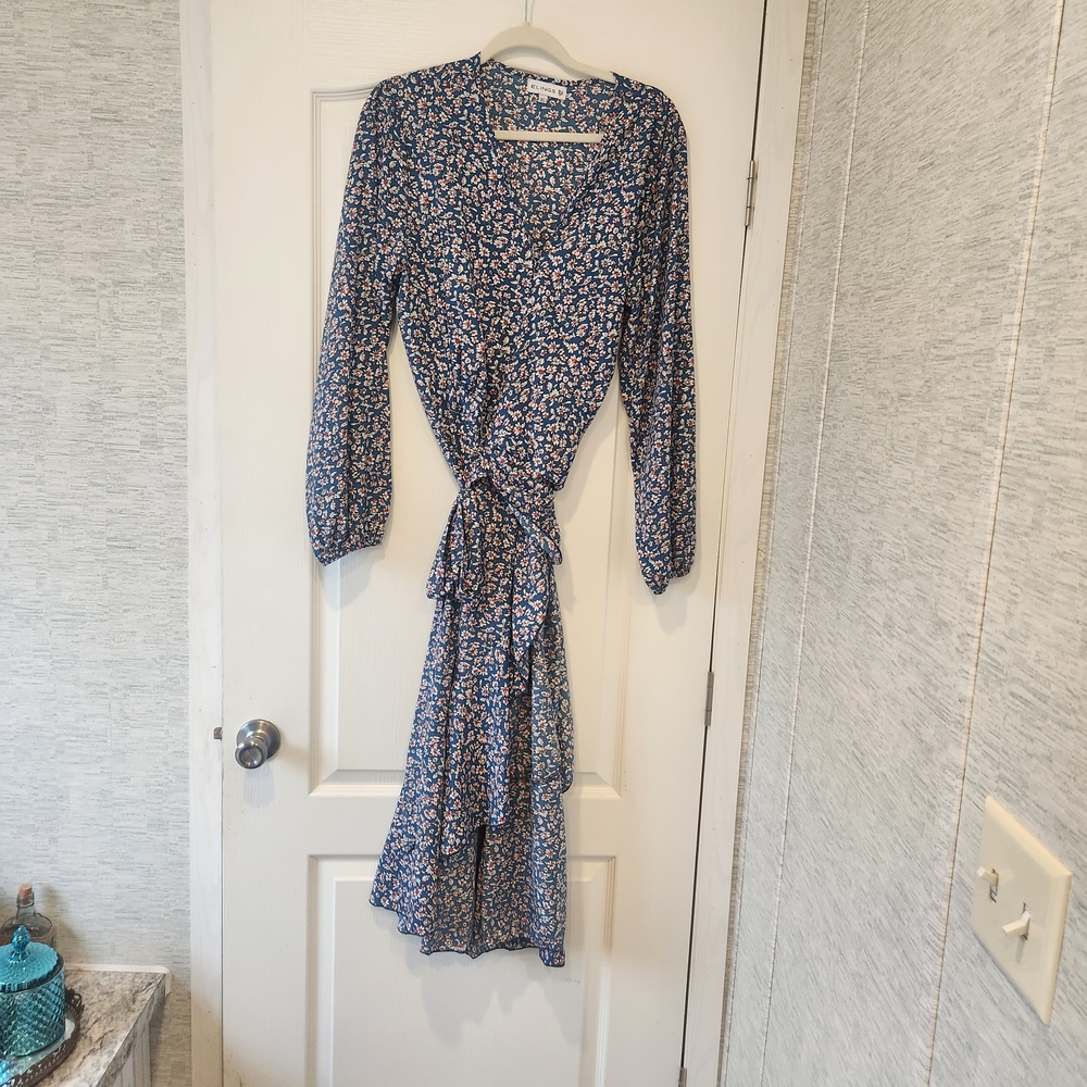 Elings Navy Floral Wrap Maxi Dress with Tie Waist Size XL BNWOT